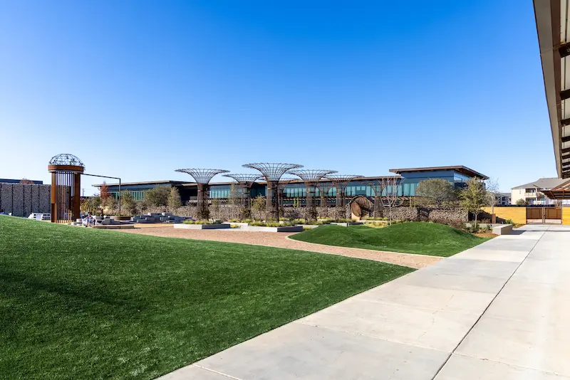 building with park area